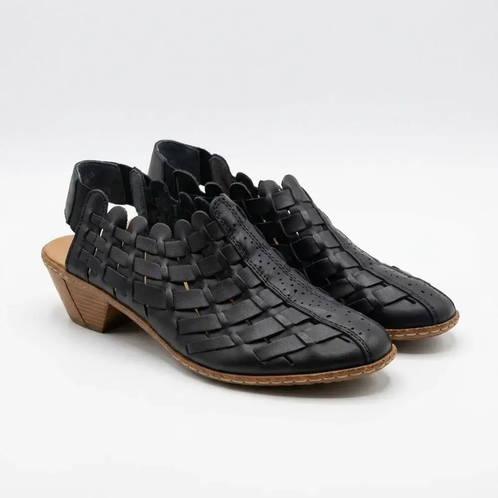 Rieker Black Leather Woven Huarache Slingback Comfort Sandals Witchy